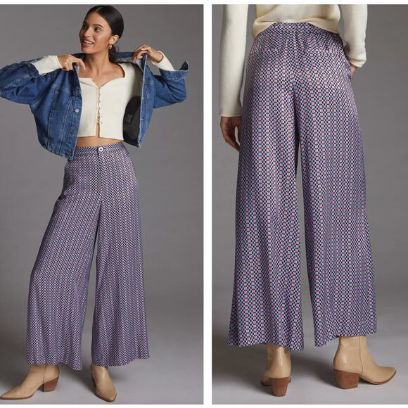 ANTHROPOLOGIE x MAEVE Wide Leg Pants Geometric Floral Pink Blue Sz 14 {3N49}